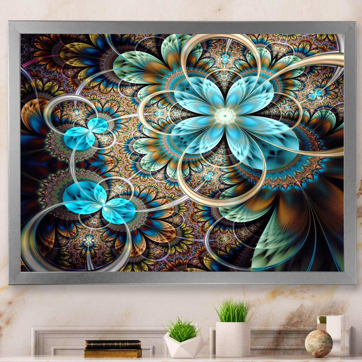 Colorful Fractal Flowers with Blue Shade - Modern Living Room Wall Decor