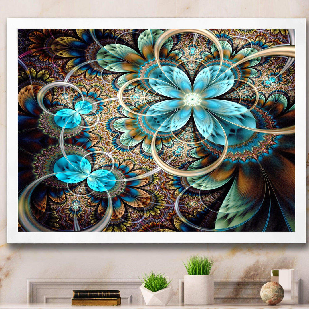 Colorful Fractal Flowers with Blue Shade - Modern Living Room Wall Decor