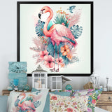 Pink Flamingo With Pink Flowers Watercolour I