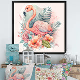 Pink Flamingo With Pink Flowers Watercolour II