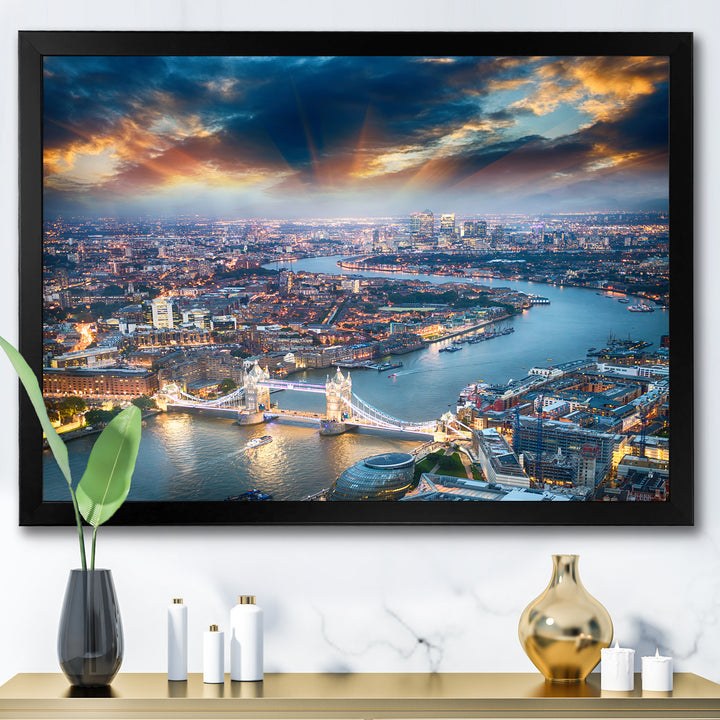 Aerial View of London at Dusk Framed Print Vibrant Black - 1.5" Width