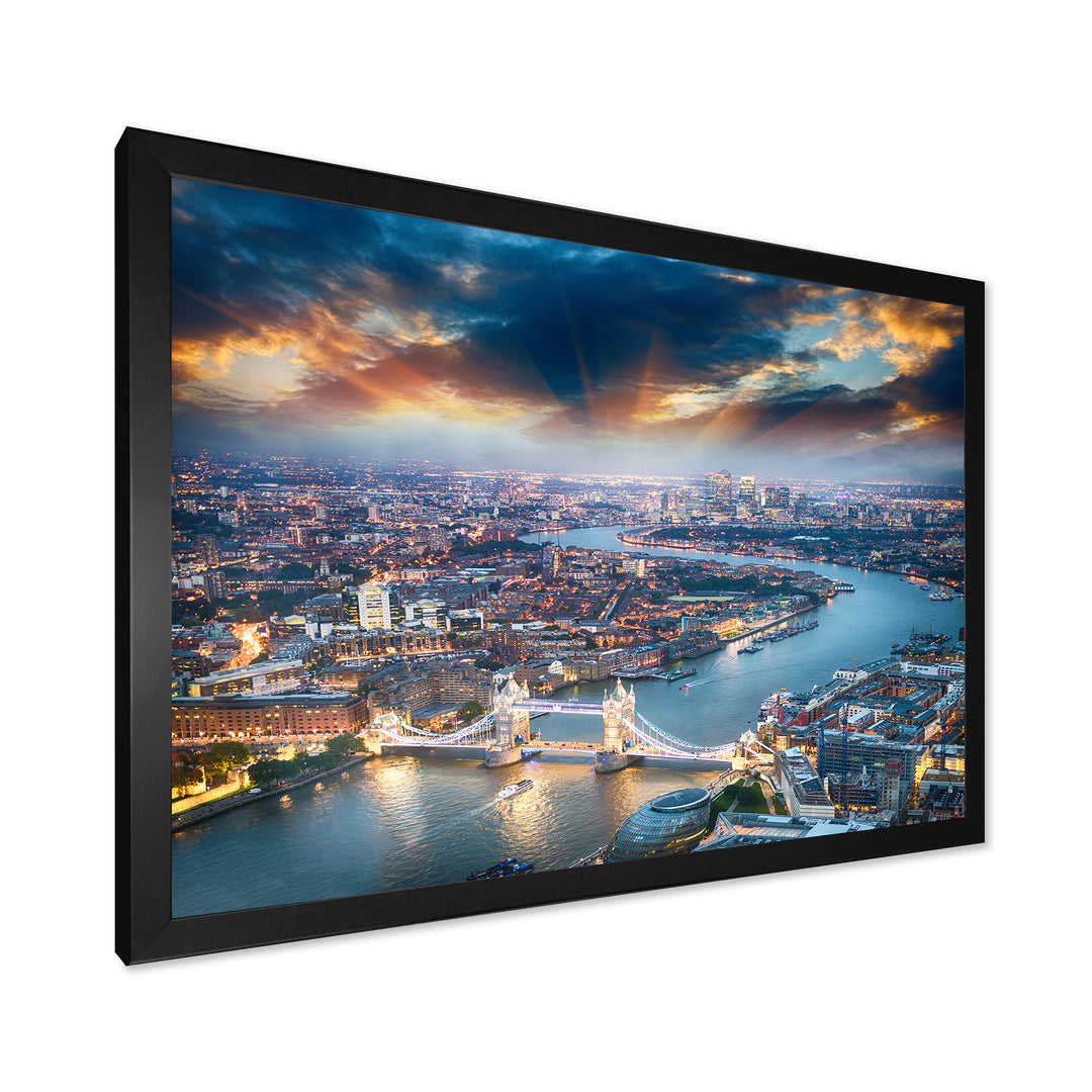 Aerial View of London at Dusk Framed Print Vibrant Black - 1.5" Width