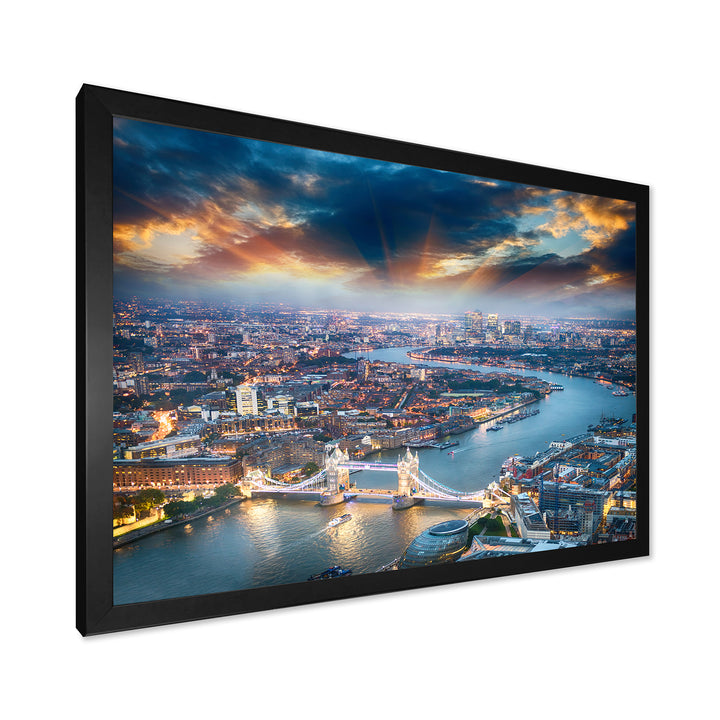 Aerial View of London at Dusk Framed Print Vibrant Black - 1.5" Width