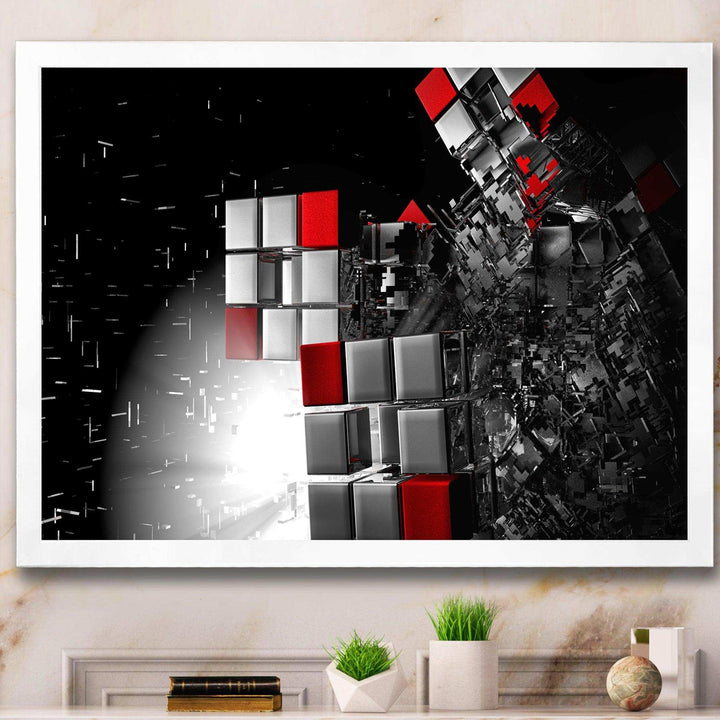 Fractal Red White Cubes - Modern Living Room Wall Decor