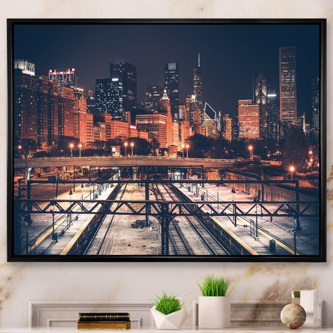 Dark Chicago Skyline and Railroad