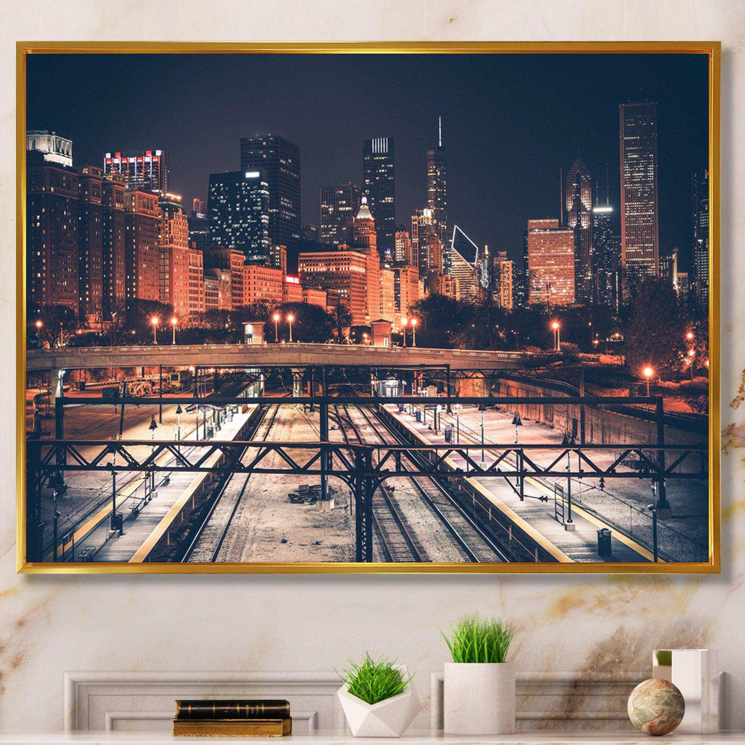 Dark Chicago Skyline and Railroad