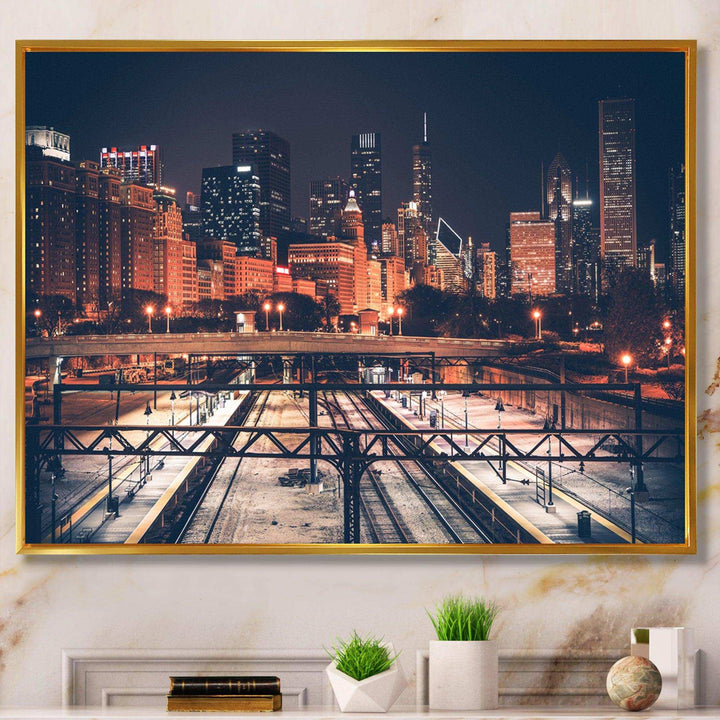 Dark Chicago Skyline and Railroad