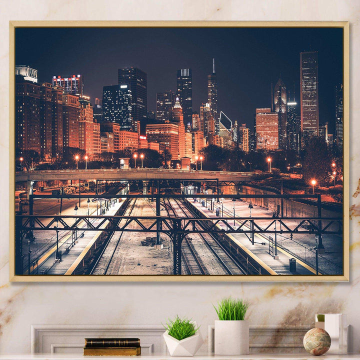 Dark Chicago Skyline and Railroad
