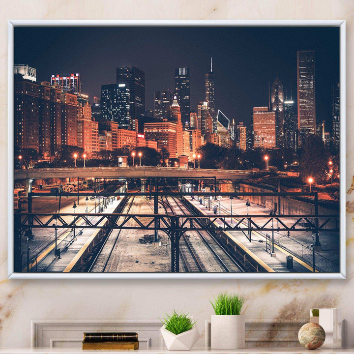 Dark Chicago Skyline and Railroad