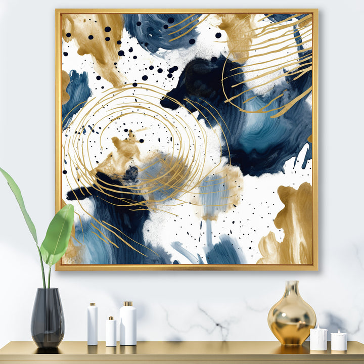 Abstract Pattern With Blue &amp; Golden Textures I Framed Canvas Vibrant Black - 1.5"Thick