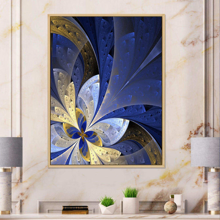 Blue and Yellow Large Fractal Pattern - Modern Bedroom Wall Art