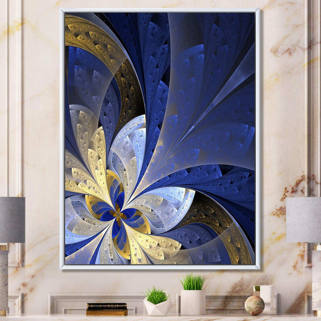 Blue and Yellow Large Fractal Pattern - Modern Bedroom Wall Art