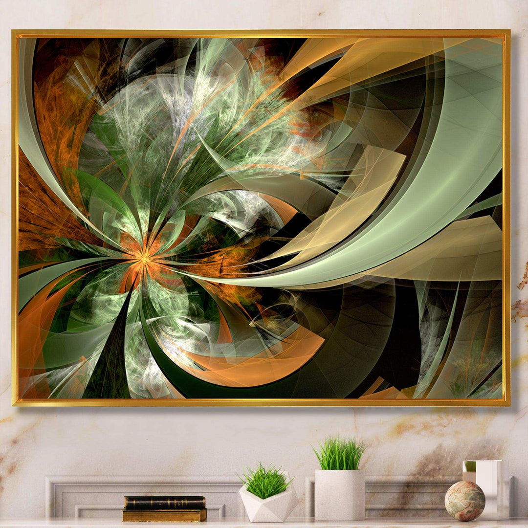 Symmetrical Orange Green Fractal Flower - Modern Living Room Wall Decor