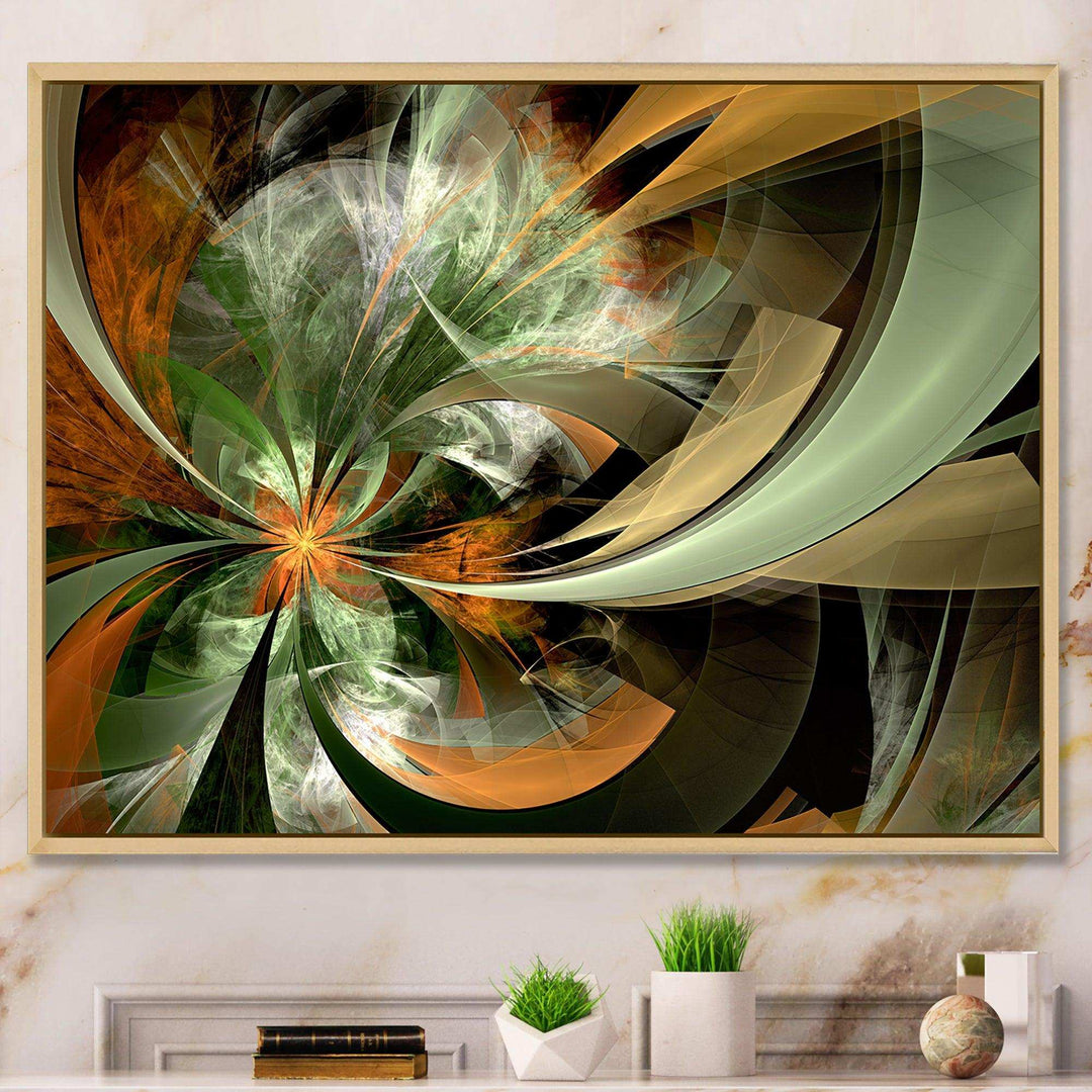 Symmetrical Orange Green Fractal Flower - Modern Living Room Wall Decor