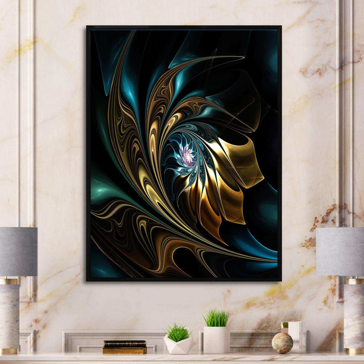 Brown Blue Fractal Flower in Black - Modern Canvas Wall Art
