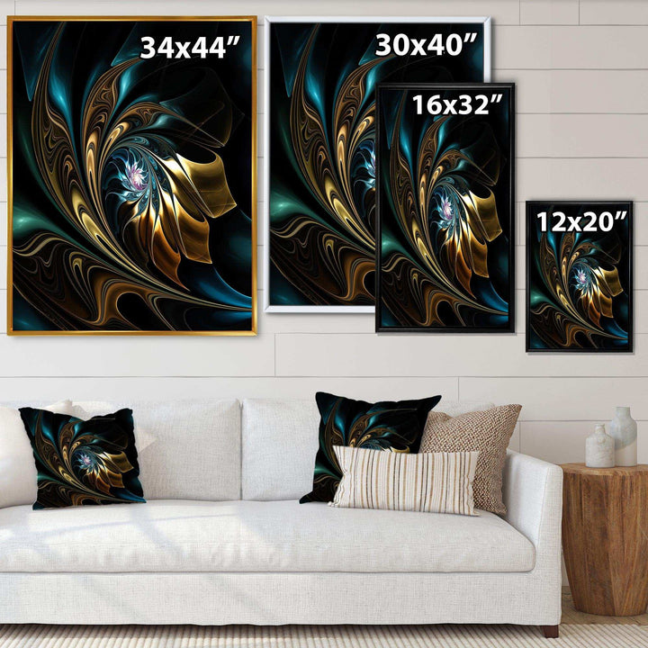 Brown Blue Fractal Flower in Black - Modern Canvas Wall Art