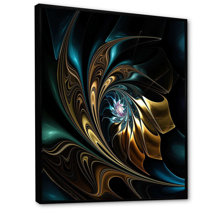 Brown Blue Fractal Flower in Black - Modern Canvas Wall Art