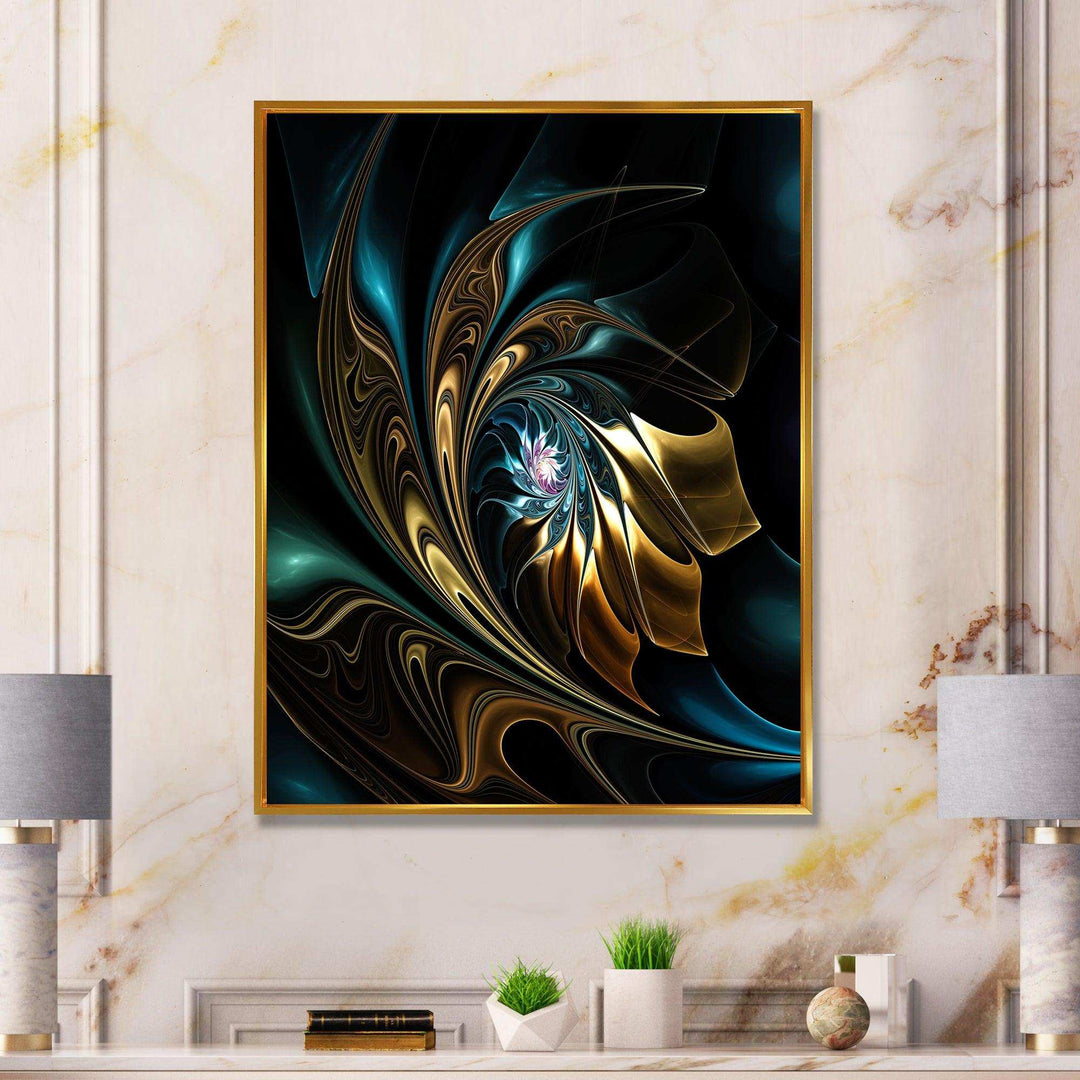 Brown Blue Fractal Flower in Black - Modern Canvas Wall Art