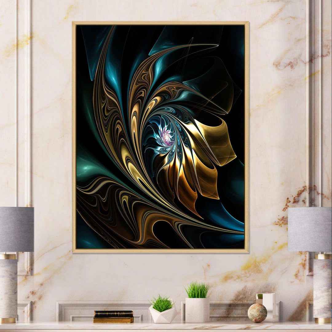 Brown Blue Fractal Flower in Black - Modern Canvas Wall Art