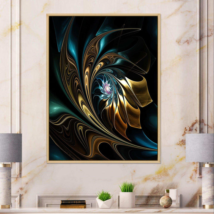 Brown Blue Fractal Flower in Black - Modern Canvas Wall Art