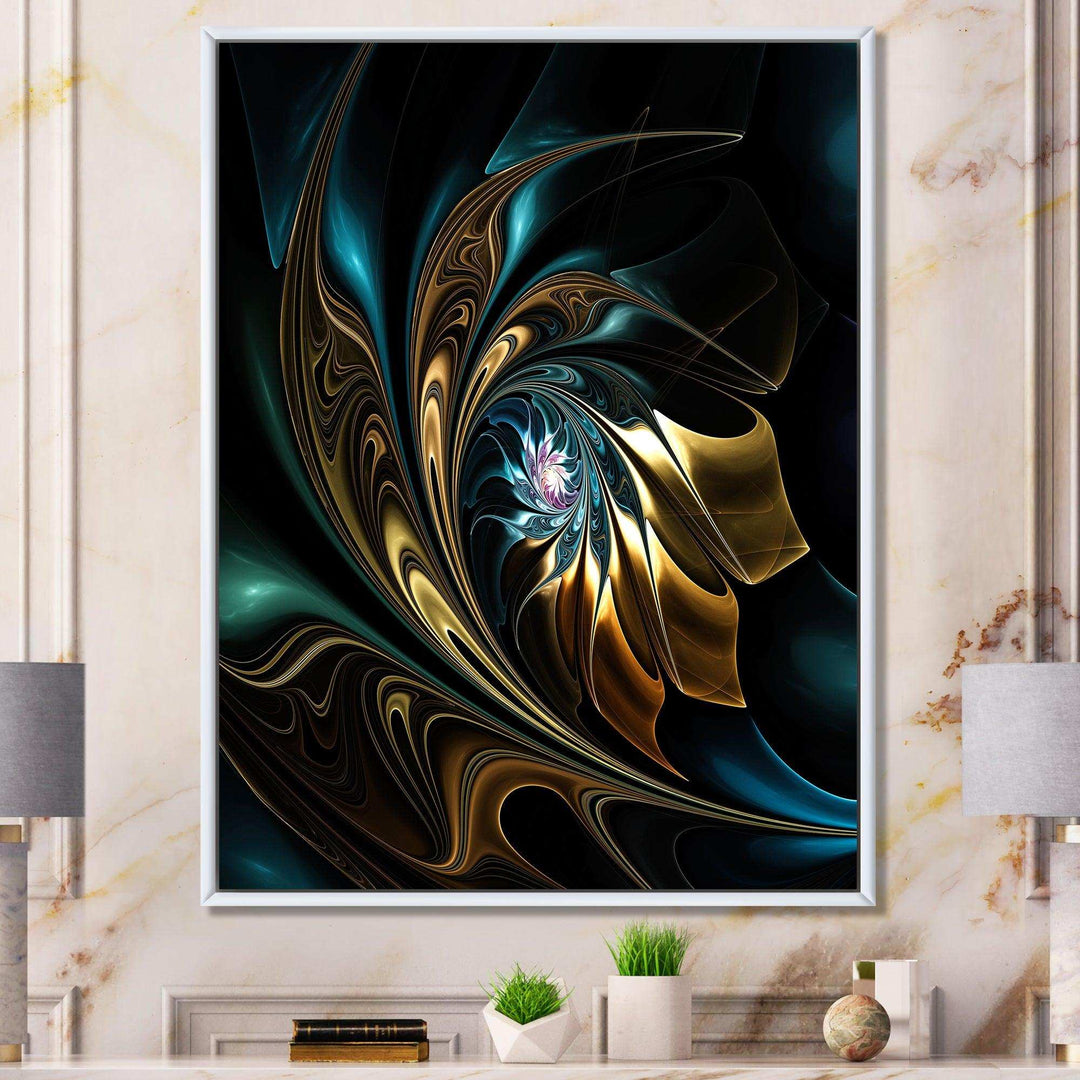 Brown Blue Fractal Flower in Black - Modern Canvas Wall Art