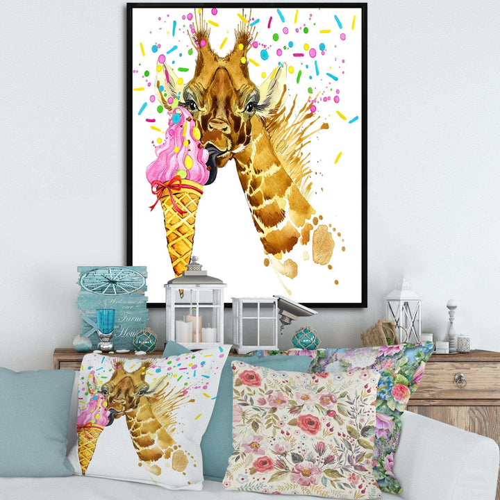 Giraffe Eating Ice Cream Watercolor