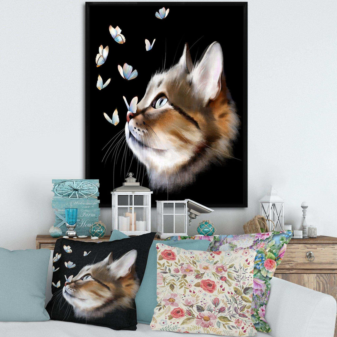 Cat with Butterflies on Black