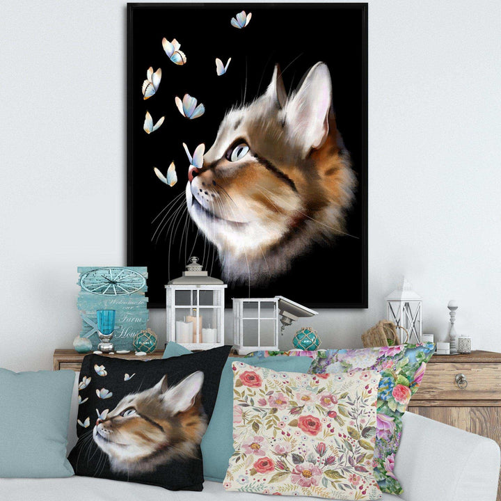 Cat with Butterflies on Black