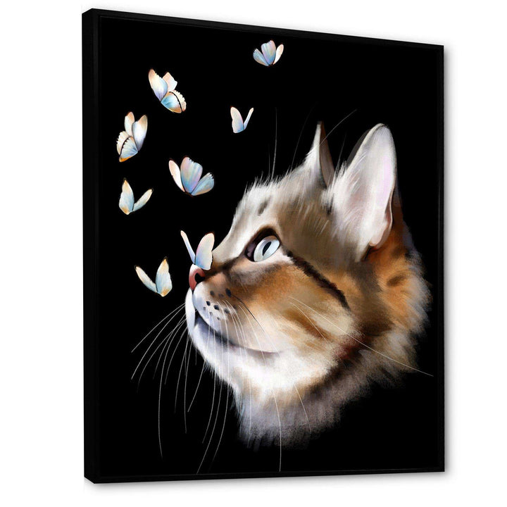 Cat with Butterflies on Black