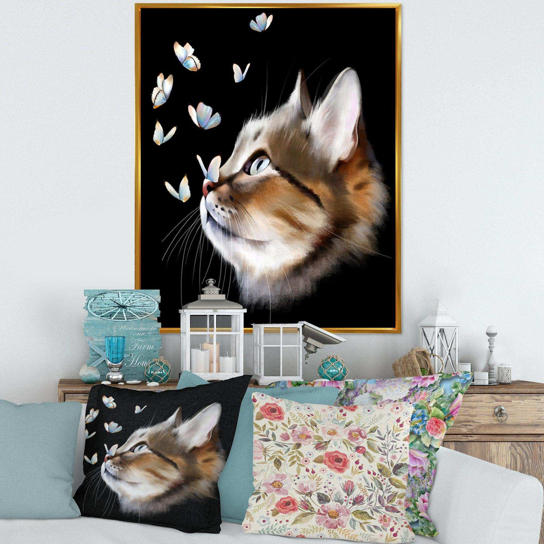 Cat with Butterflies on Black