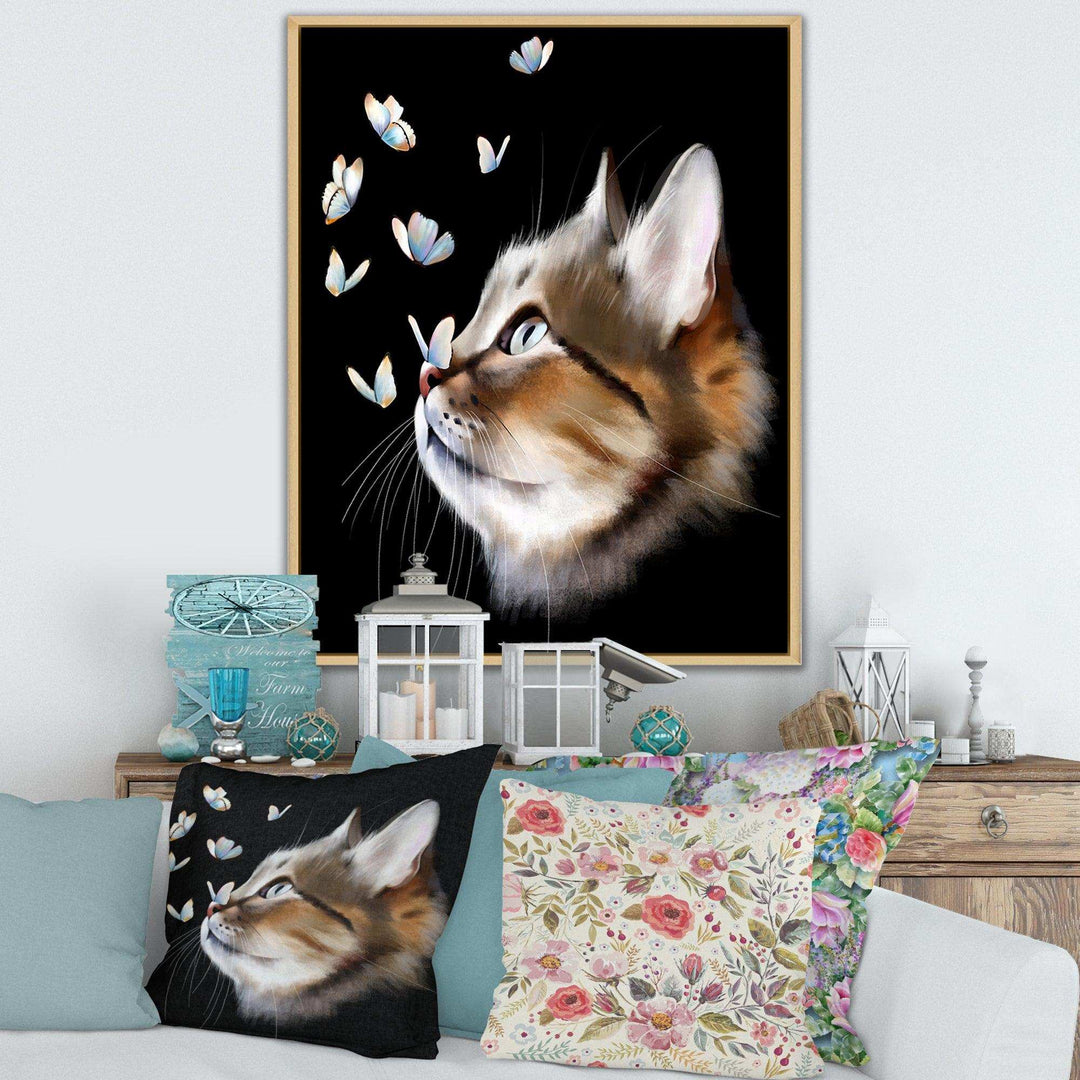 Cat with Butterflies on Black