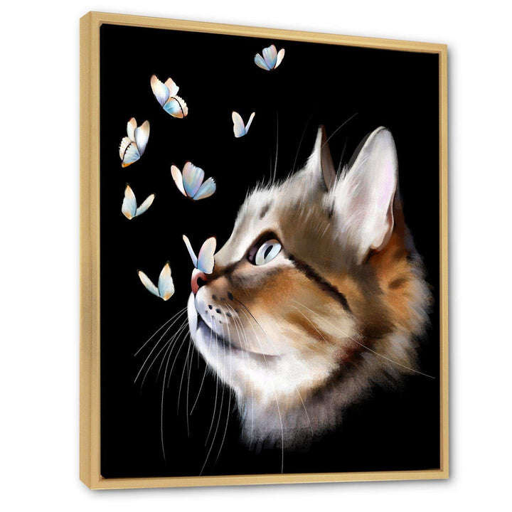 Cat with Butterflies on Black