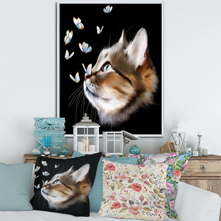 Cat with Butterflies on Black