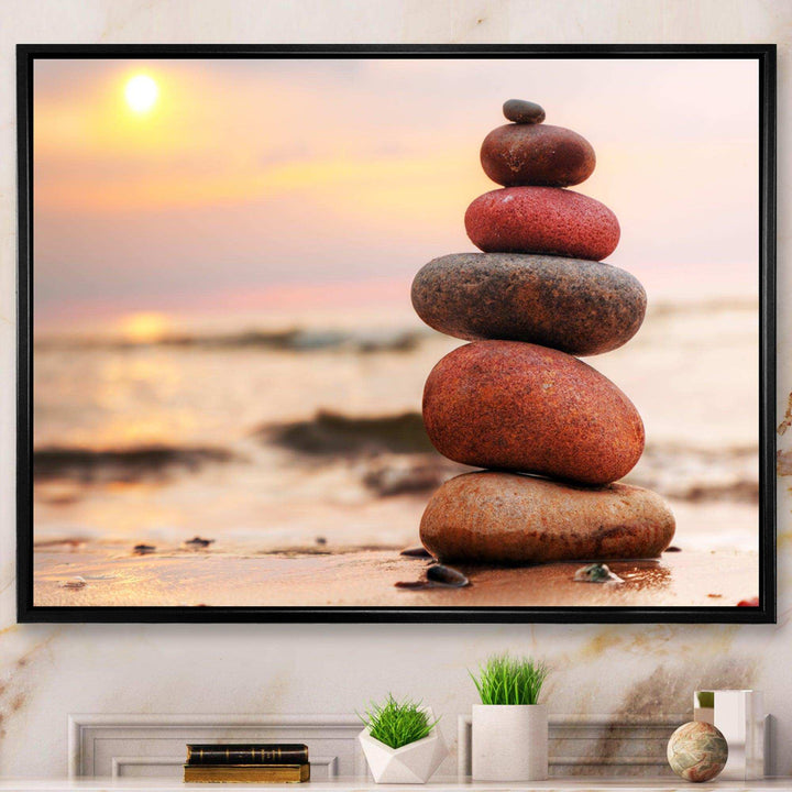 Stones Pyramid on Sand Symbolizing Zen
