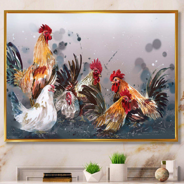 Group of Rooster in Gray Farm background