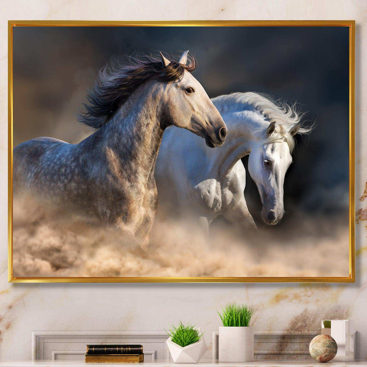 Horses run in dust