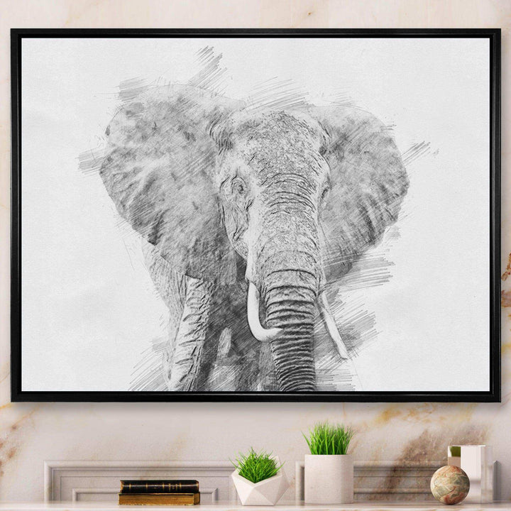 Black and White Elephant Sketch - Traditional Living Room Wall Decor