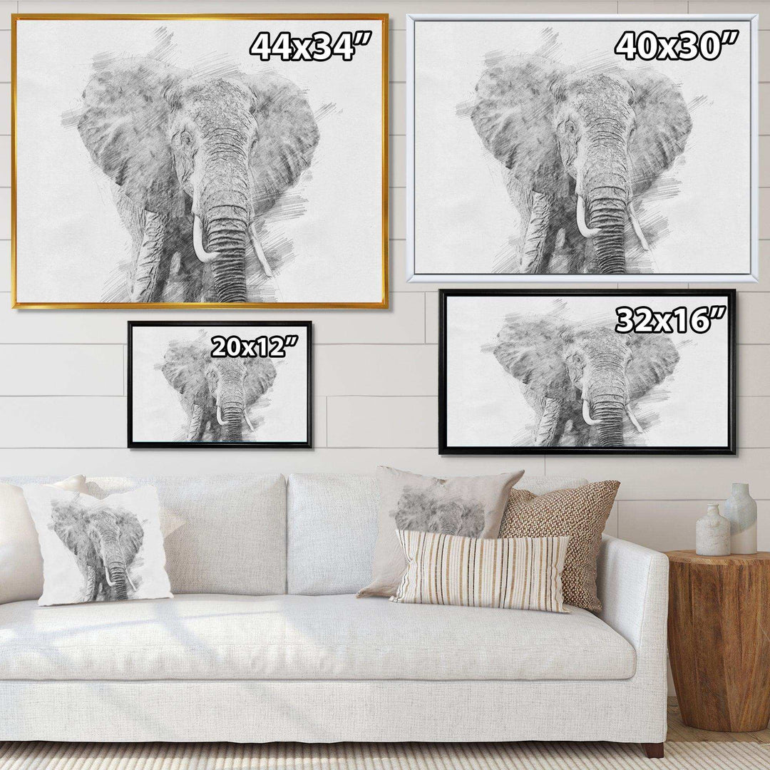 Black and White Elephant Sketch - Traditional Living Room Wall Decor