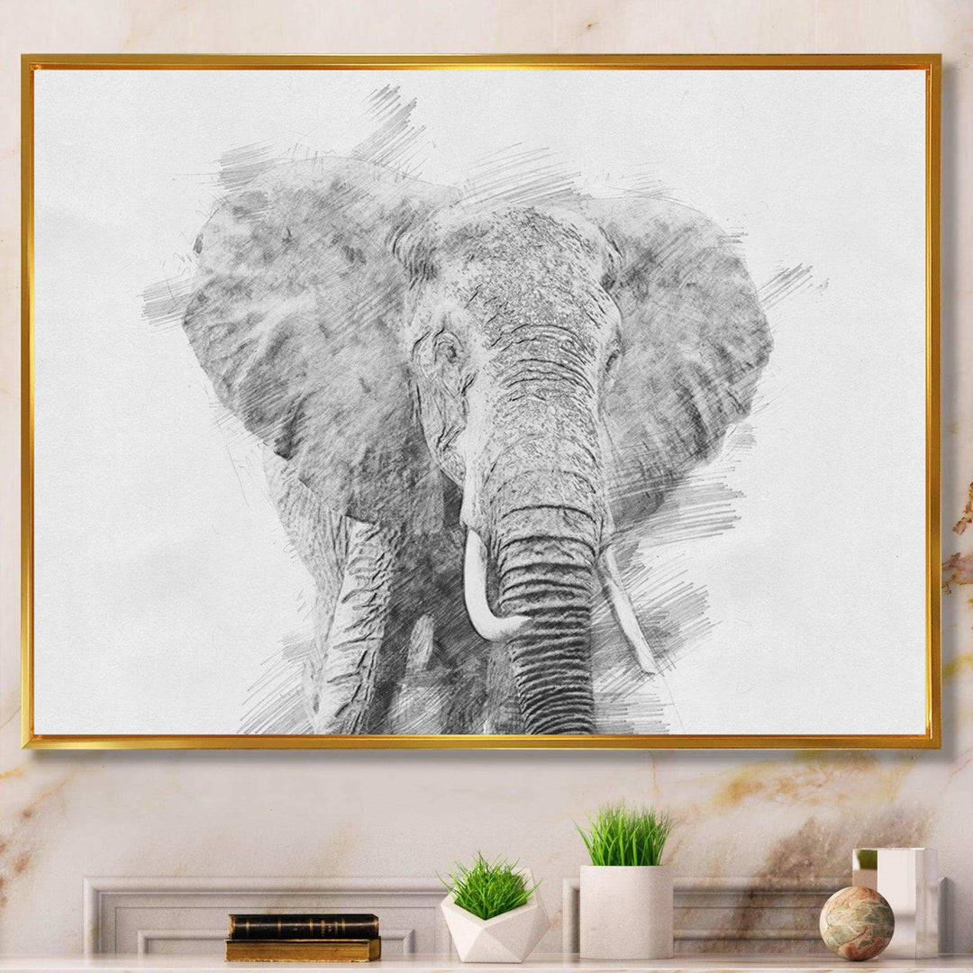 Black and White Elephant Sketch - Traditional Living Room Wall Decor