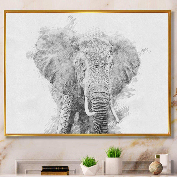 Black and White Elephant Sketch - Traditional Living Room Wall Decor