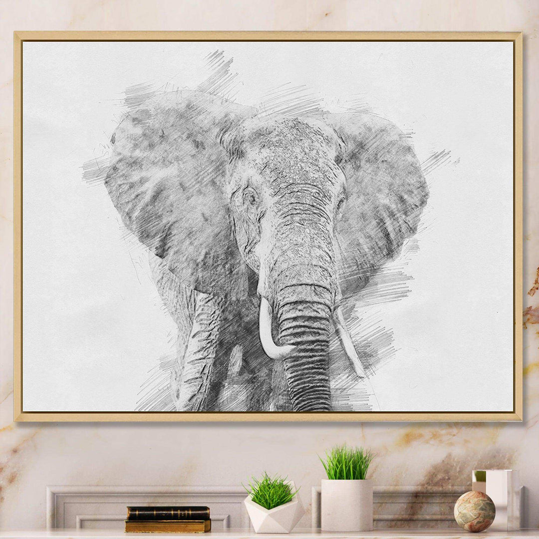 Black and White Elephant Sketch - Traditional Living Room Wall Decor