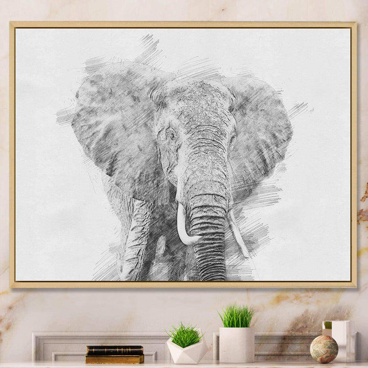 Black and White Elephant Sketch - Traditional Living Room Wall Decor