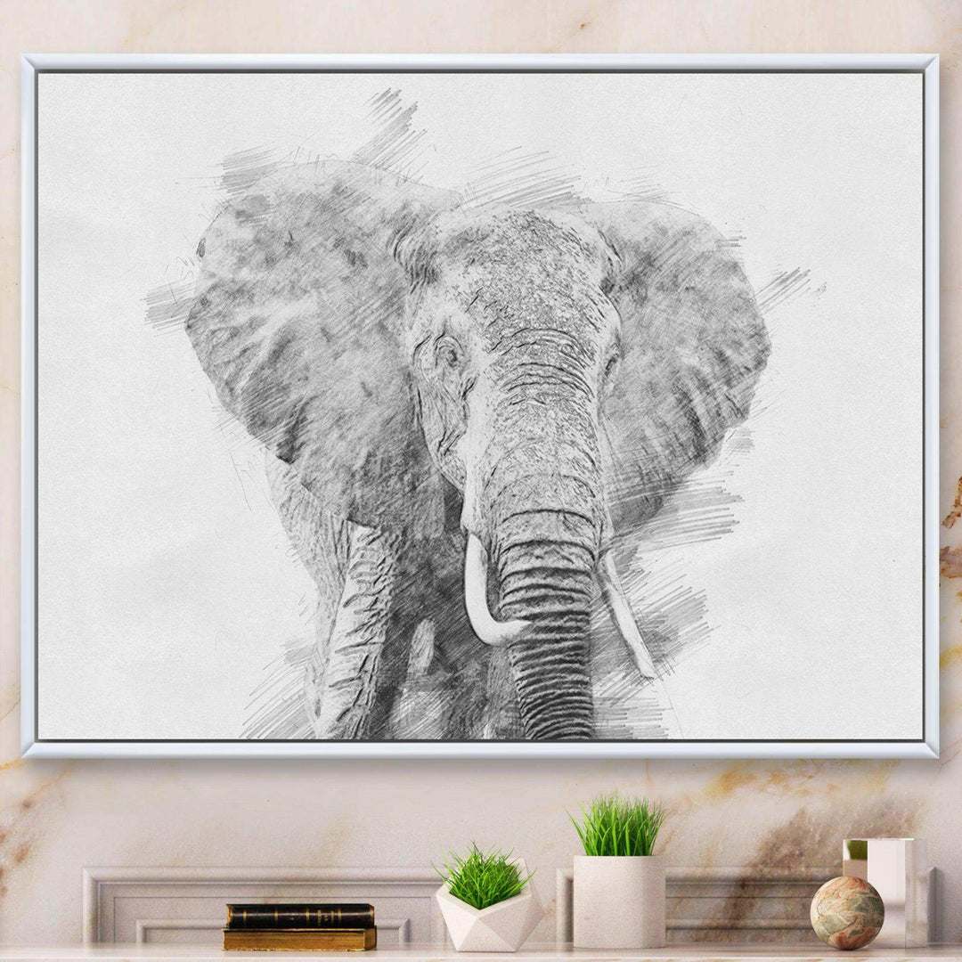 Black and White Elephant Sketch - Traditional Living Room Wall Decor