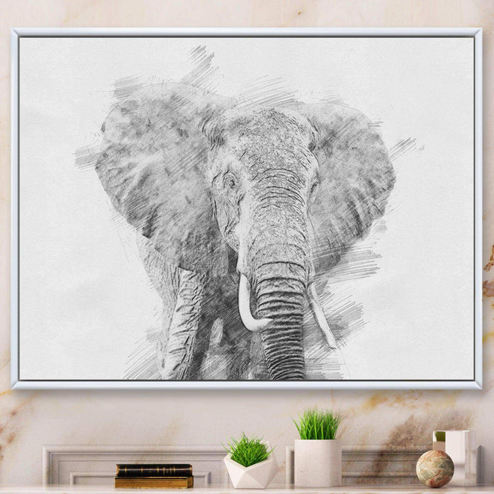 Black and White Elephant Sketch - Traditional Living Room Wall Decor