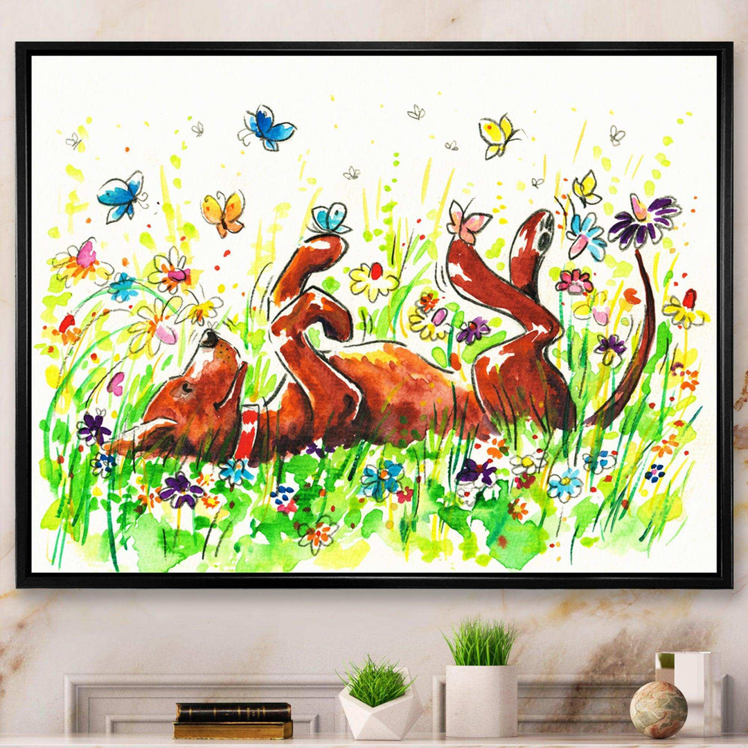 Happy Brown dog with Flowers and Butterfly