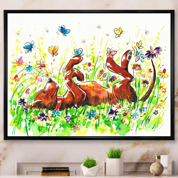 Happy Brown dog with Flowers and Butterfly