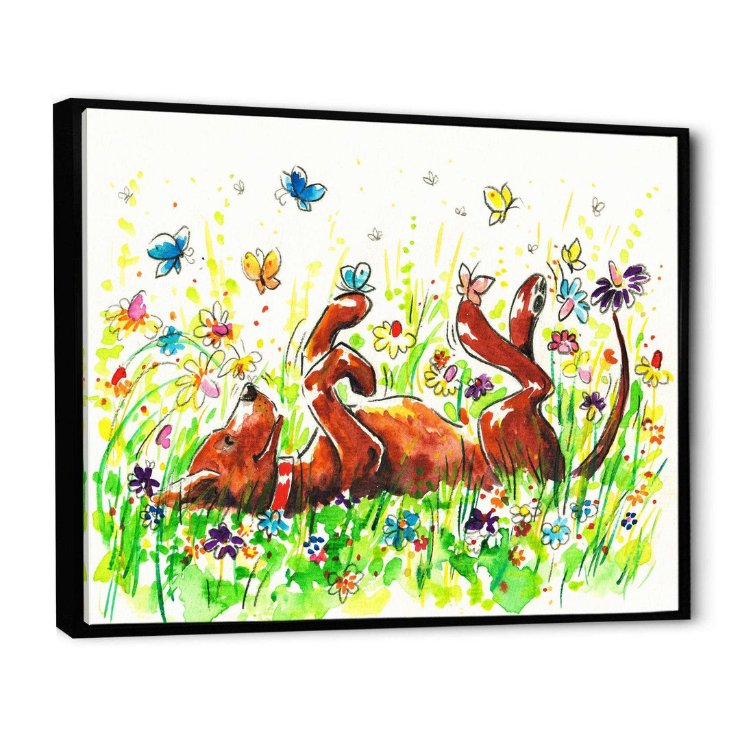 Happy Brown dog with Flowers and Butterfly