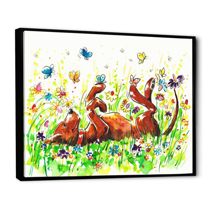 Happy Brown dog with Flowers and Butterfly