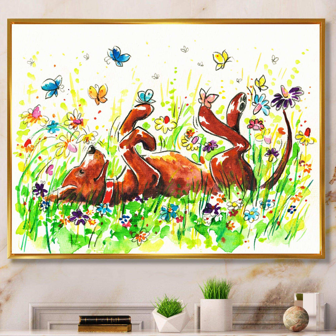 Happy Brown dog with Flowers and Butterfly