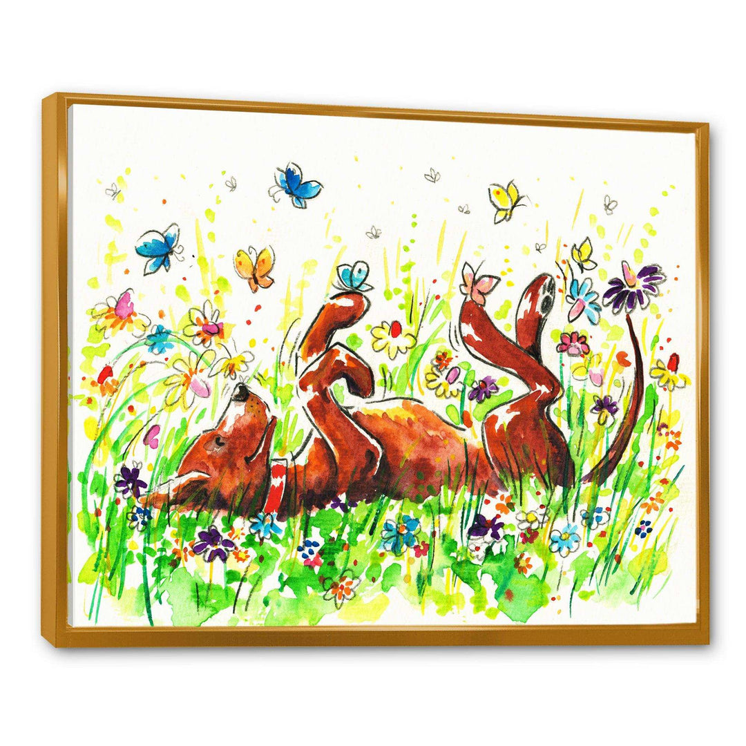 Happy Brown dog with Flowers and Butterfly